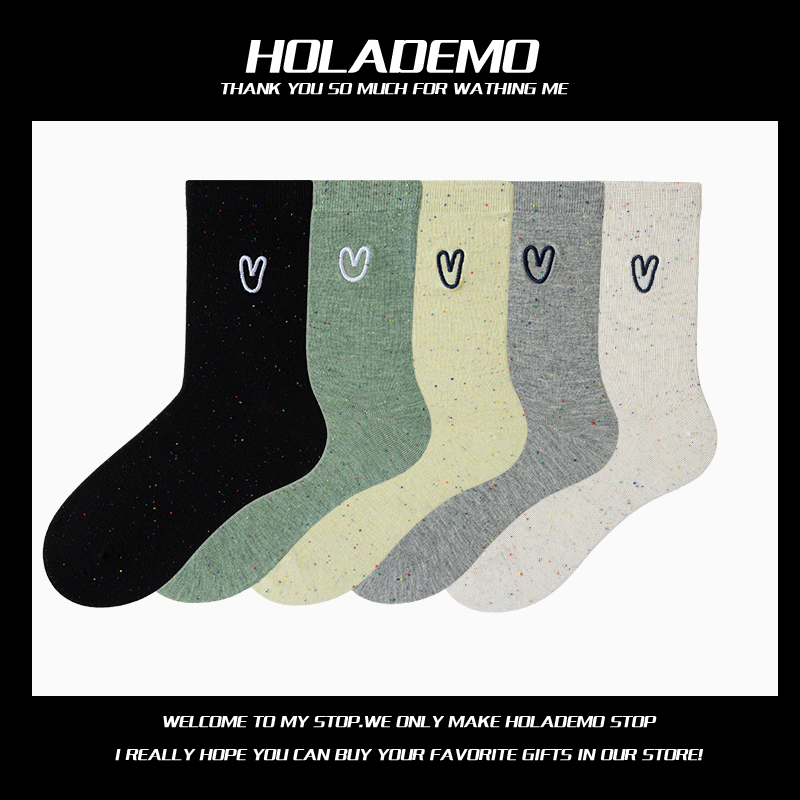 潮流女袜纯色棉吸汗舒适百搭女士中筒袜秋冬ins刺绣女生长筒袜子