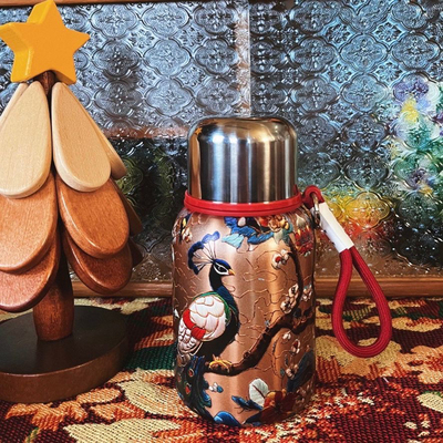 复古孔雀316保温杯大容量便携创意大容量高颜值手提绳家用水杯