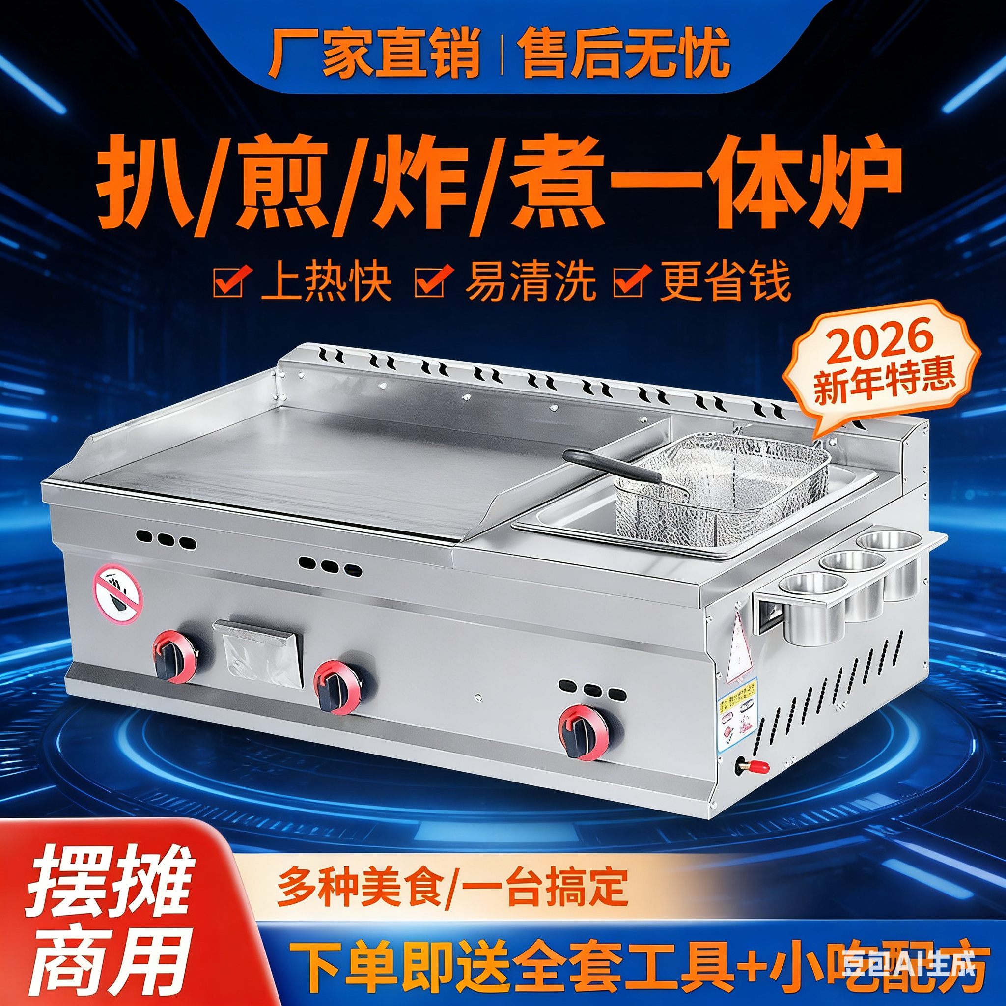 铁板烧商用燃气扒炉油炸锅一体机手抓饼锅关东煮设备摆摊烤冷面机