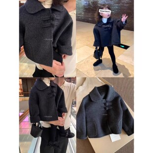 韩版女童2025秋冬新款深灰色盘扣翻领毛呢外套小女孩气质短款大衣