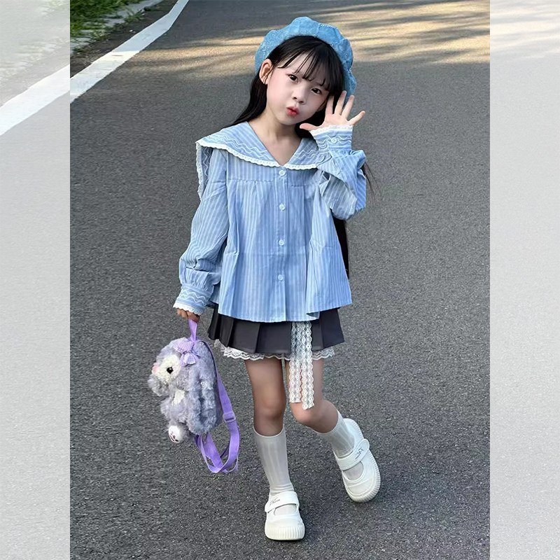 女童秋季套装蓝色条纹长袖衬衫