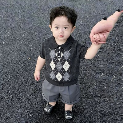 男童夏季灰色薄款Polo领针织短袖