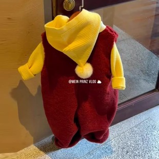 儿童冬季新年款红色羊羔绒背带连体裤男女童拜年服黄色精灵帽毛衣