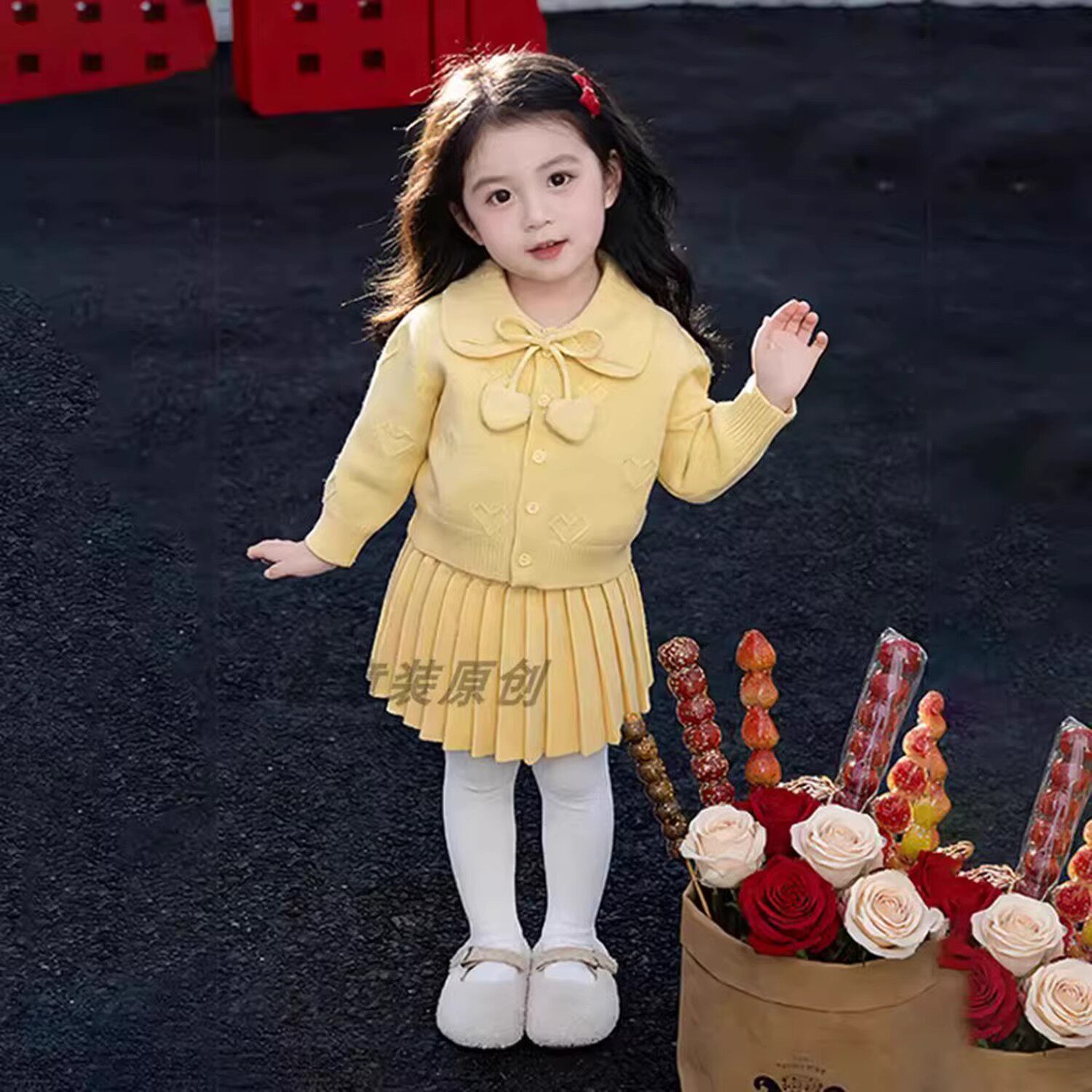 韩版女童春秋奶黄针织娃娃领毛衣