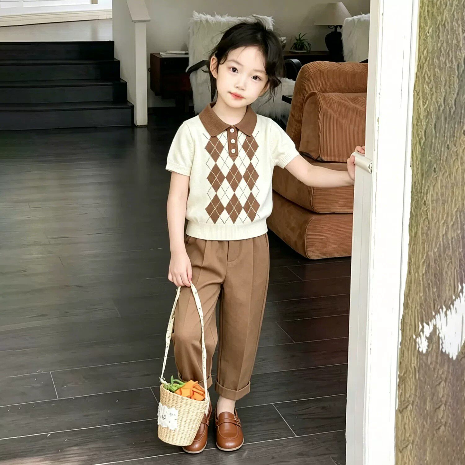 女童夏季菱格撞色针织Polo衫短袖