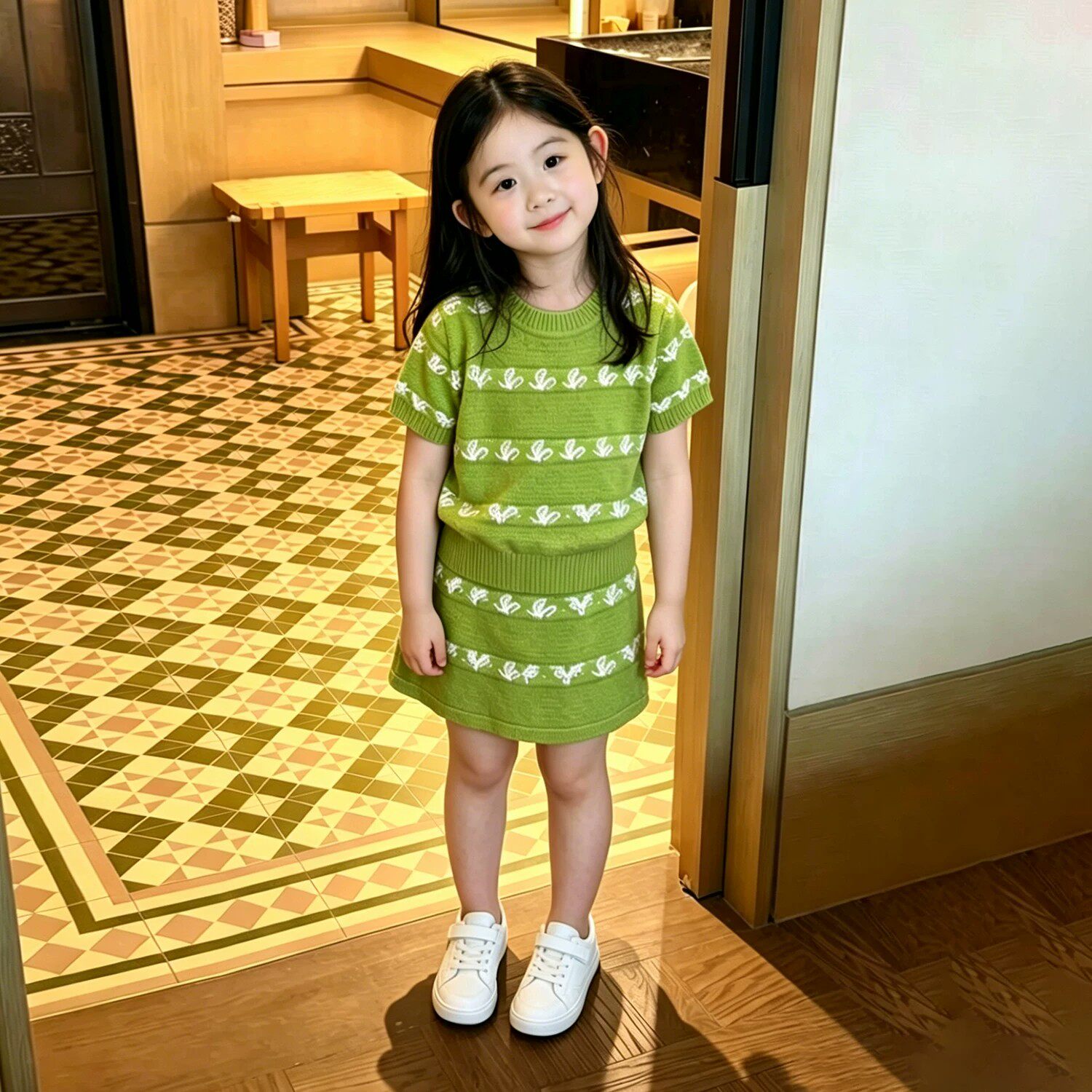 女童夏季绿色费尔岛缕空提花短袖