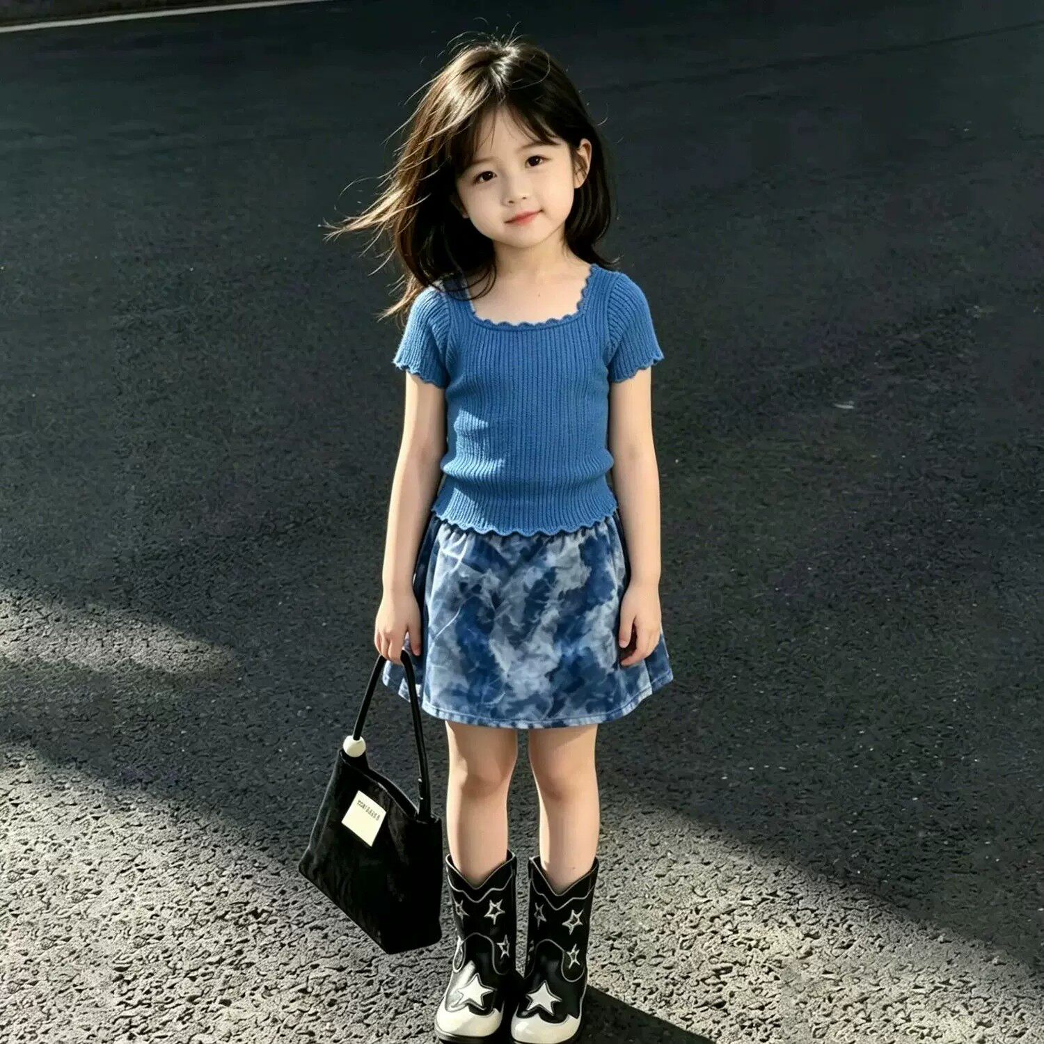 韩版女童2026夏季新款蓝色薄款针织短袖女孩晕染碎花半身裙两件套
