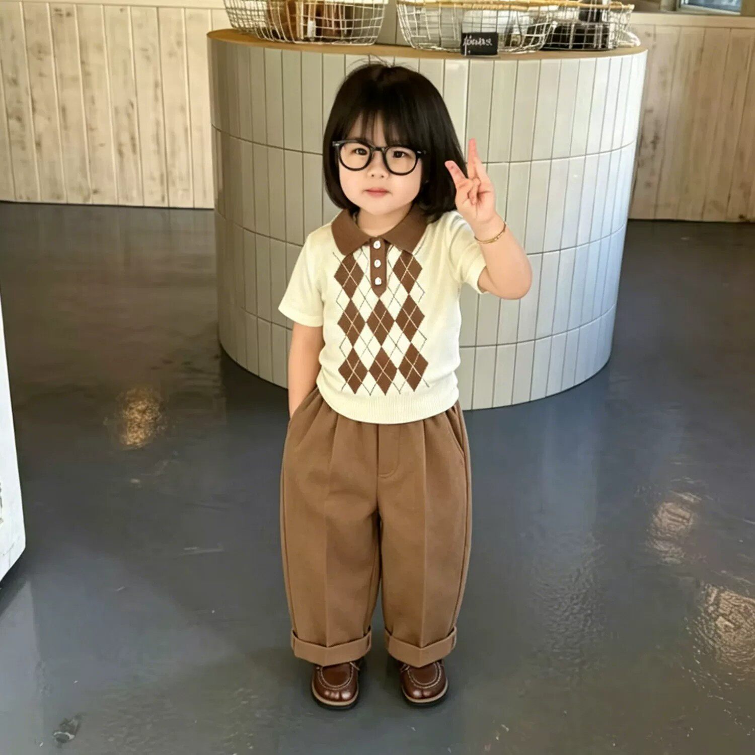 女童夏季学院风复古菱格针织短袖