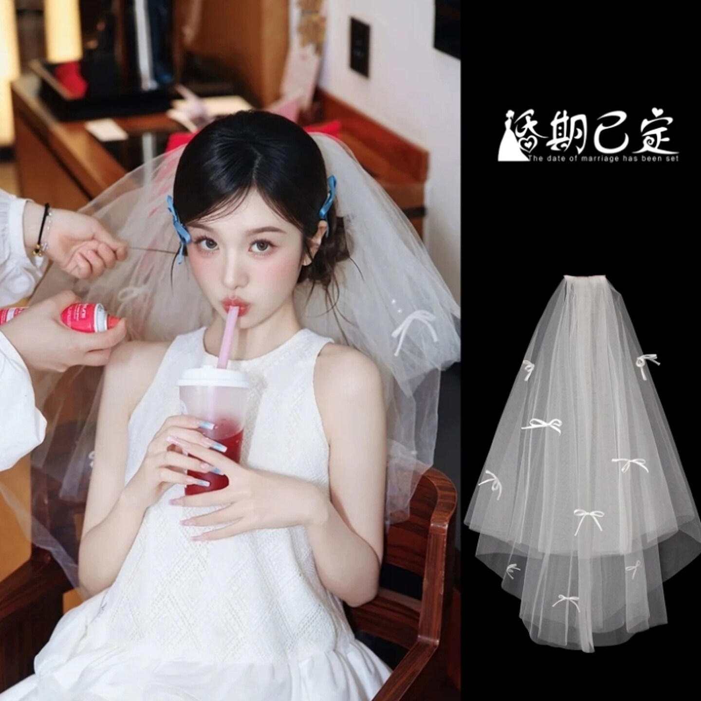 求婚新娘粉色蝴蝶结头纱多巴胺森系超仙蓬蓬婚纱领证拍照头饰道具