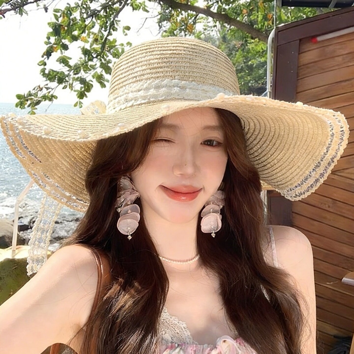 法式帽子蕾丝蝴蝶结草帽海边度假防晒遮阳帽帽檐遮阳沙滩太阳帽女
