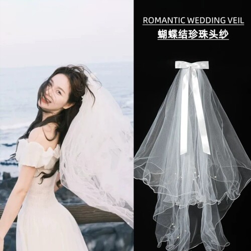 领证登记求婚网红新娘头纱可爱白色拍照道具订婚小头纱旅拍蝴蝶结