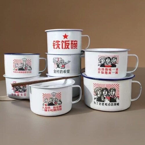 老式复古带盖汤碗泡面碗带盖餐具加厚快餐泡面杯搪瓷家用饭碗打饭
