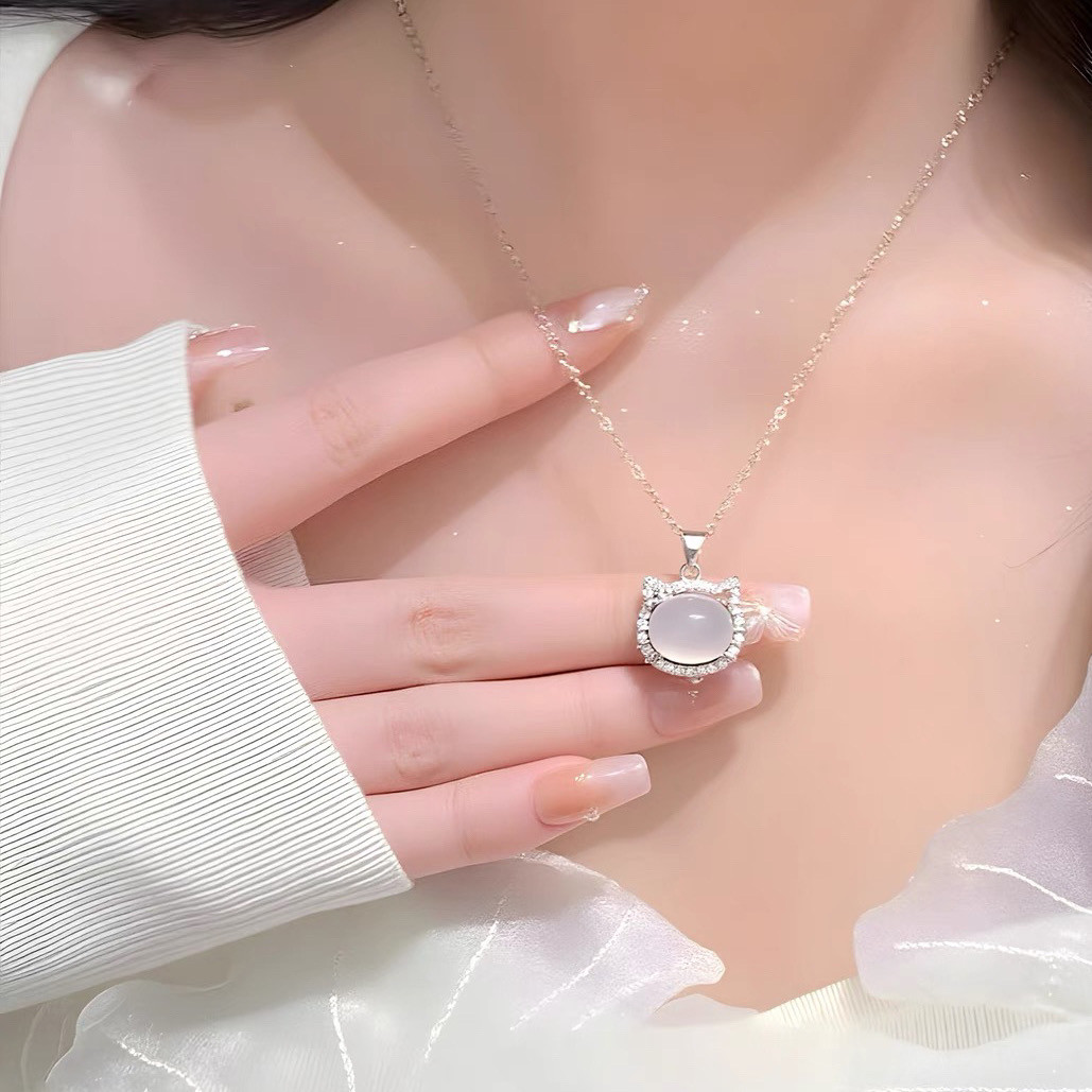 足银990玉髓kitty猫咪吊坠纯银项链送女友ins风简约甜美生日礼物