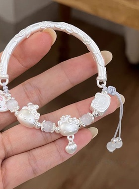 足银999纯银kt猫半镯半链银手镯可爱甜美kitty送女友闺蜜生日礼物