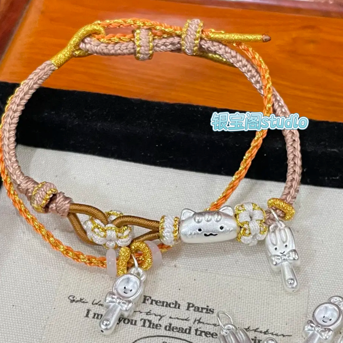 足银999法棍猫刀叉组合可爱手绳手链diy配件纯银甜美送女友闺蜜