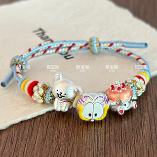 足银999CC加菲猫转运珠通孔卡通可爱宠物情侣手链送闺蜜女友生日