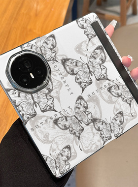 拾壳适用荣耀MagicV3手机壳新款折叠屏magicVs3黑色蝴蝶线条防摔Vs2北欧风保护套女V2至臻版高档全包翻盖皮套