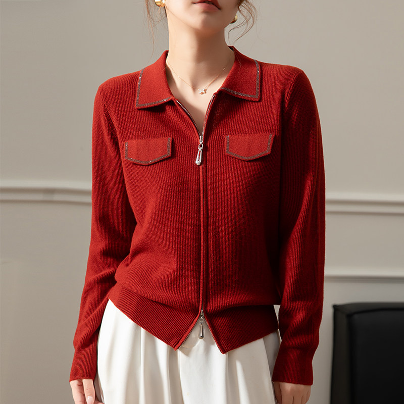 羊毛衫开衫女100针织秋冬翻领毛衣外套妈妈双头拉链针织衫上衣