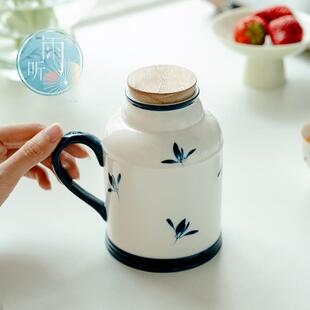 纯手绘蝴蝶兰花水壶家用泡茶壶焖茶壶办公室陶瓷喝水杯带盖大容量