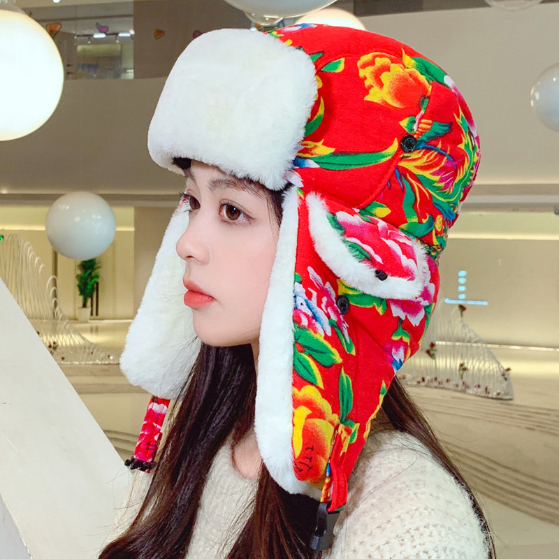 东北大花雷锋帽女冬季保暖防风帽