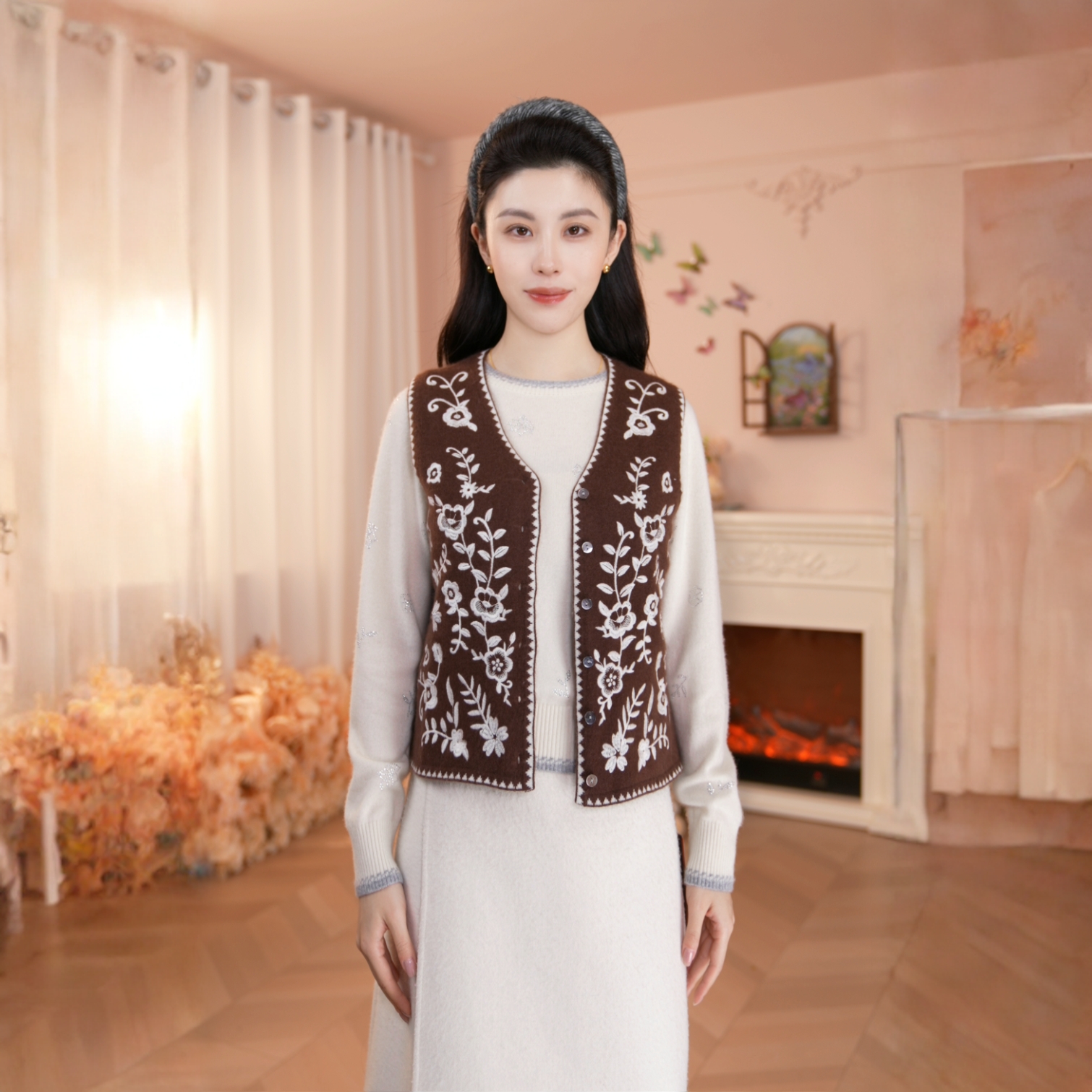 King Deer/鹿王秋季上新女式休闲百搭刺绣羊绒马甲L805804