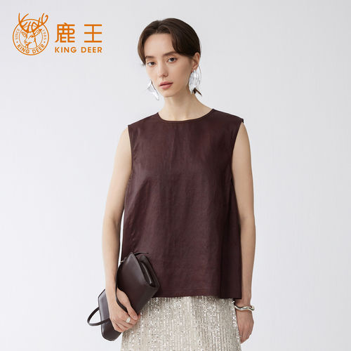 King Deer/鹿王龟纹香云纱无袖背心女士夏季简约百搭宽松真丝上衣
