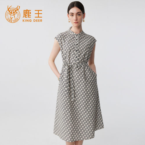 King Deer/鹿王高级感桑蚕丝无袖连衣裙女收腰绑带显瘦气质长裙