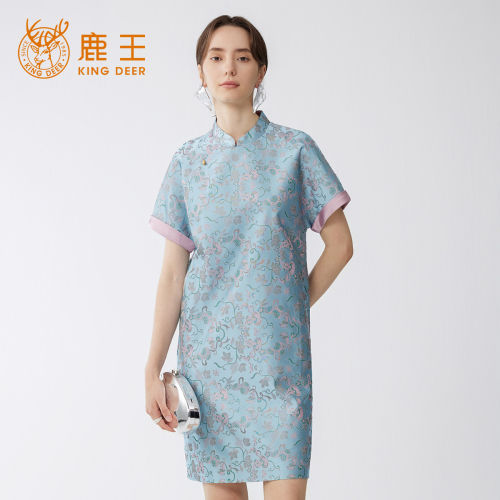 King Deer/鹿王桑蚕丝春夏印花连衣裙时尚气质显瘦新中式真丝旗袍