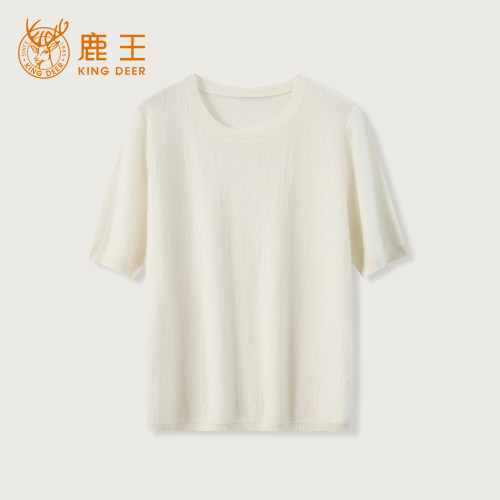 King Deer/鹿王圆领羊绒衫短袖女夏季“不染一尘”简约显瘦上衣