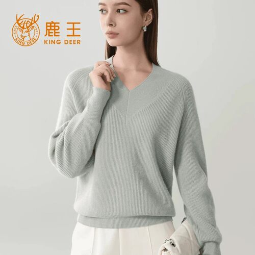 鹿王100%山羊绒V领羊绒衫