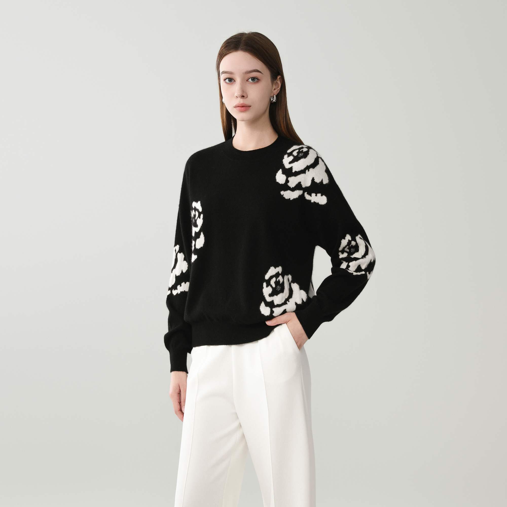 King Deer/鹿王24秋冬百搭时尚休闲针织提花圆领羊绒衫L804188