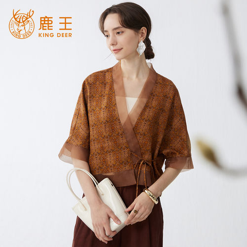 King Deer/鹿王夏季新款民族复古系带真丝上衣女式印花香云纱外披