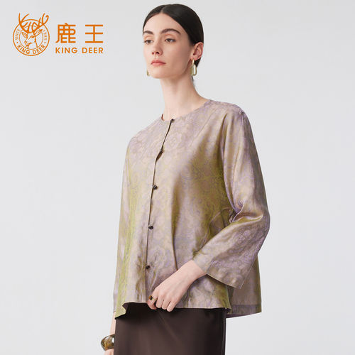 鹿王新中式真丝提花长袖衬衫女