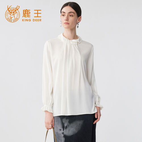 King Deer/鹿王优雅弹力双乔衬衫女长袖圆领荷叶边小众百搭上衣