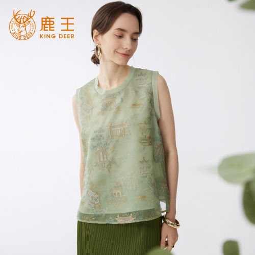 King Deer/鹿王夏季新款欧根纱小衫女桑蚕丝绣花无袖背心马甲上衣