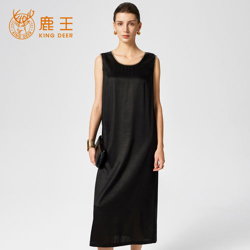 King Deer/鹿王弹力缎背心连衣裙女夏季新款简约宽松无袖真丝裙