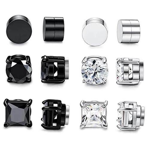 6 Pairs of Magnetic Stud Earrings Men and Women Black Magnet