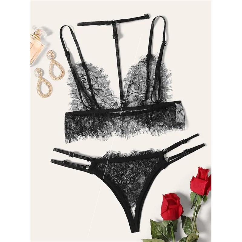 Sexy lingerie sexy women's black three-point lace suit