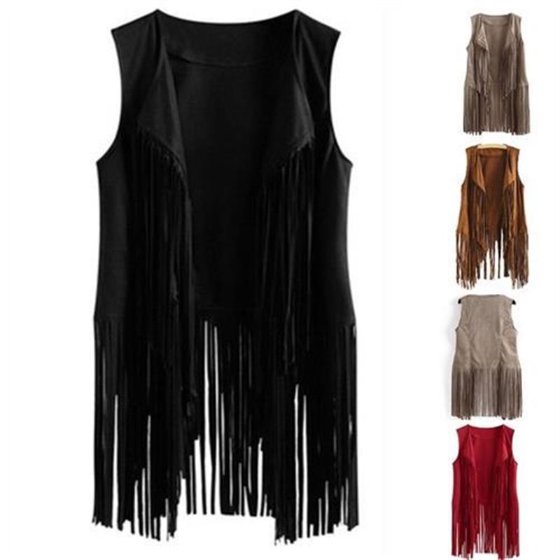 Women Faux Suede Ethnic Sleeveless Jacket Long Fringe Tassel