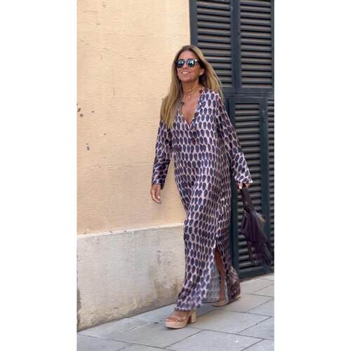 Women Floral Print Maxi Dress Casual Loose V Neck Long Sleev