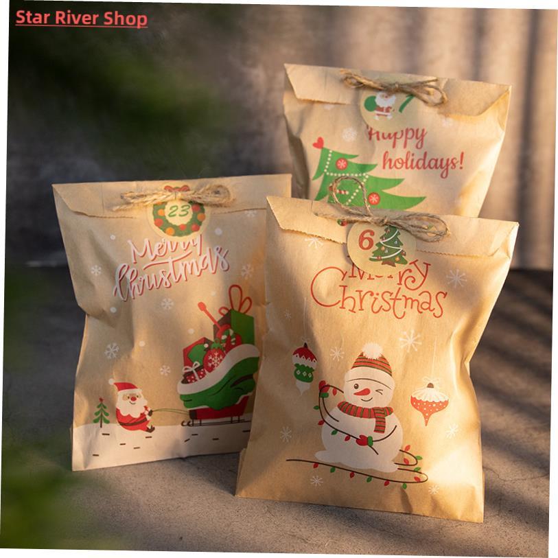 24Sets Christmas Kraft Paper Bags Santa Claus Snowman Fox Ho