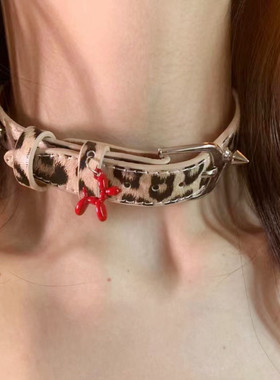 Y2K豹纹马毛气球小狗项圈可调