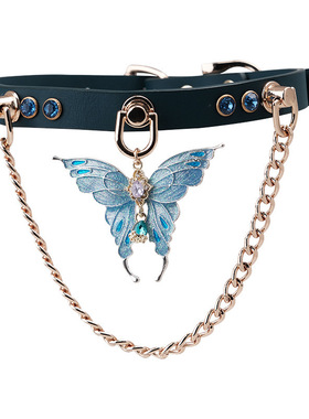 朋克头层牛皮蝴蝶蓝宝石镶钻项圈