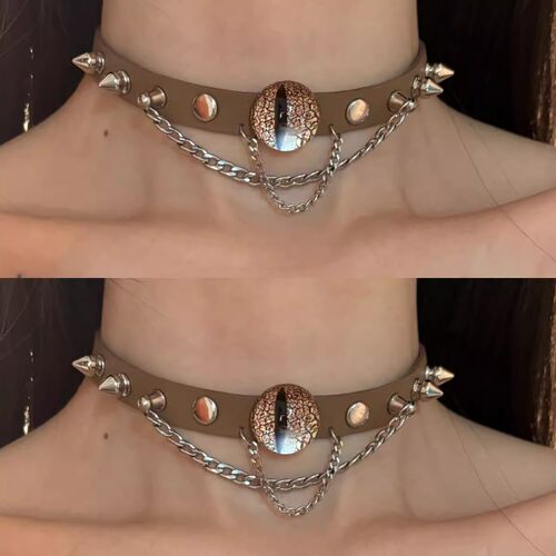 棕皮恶魔眼铆钉朋克choker项圈