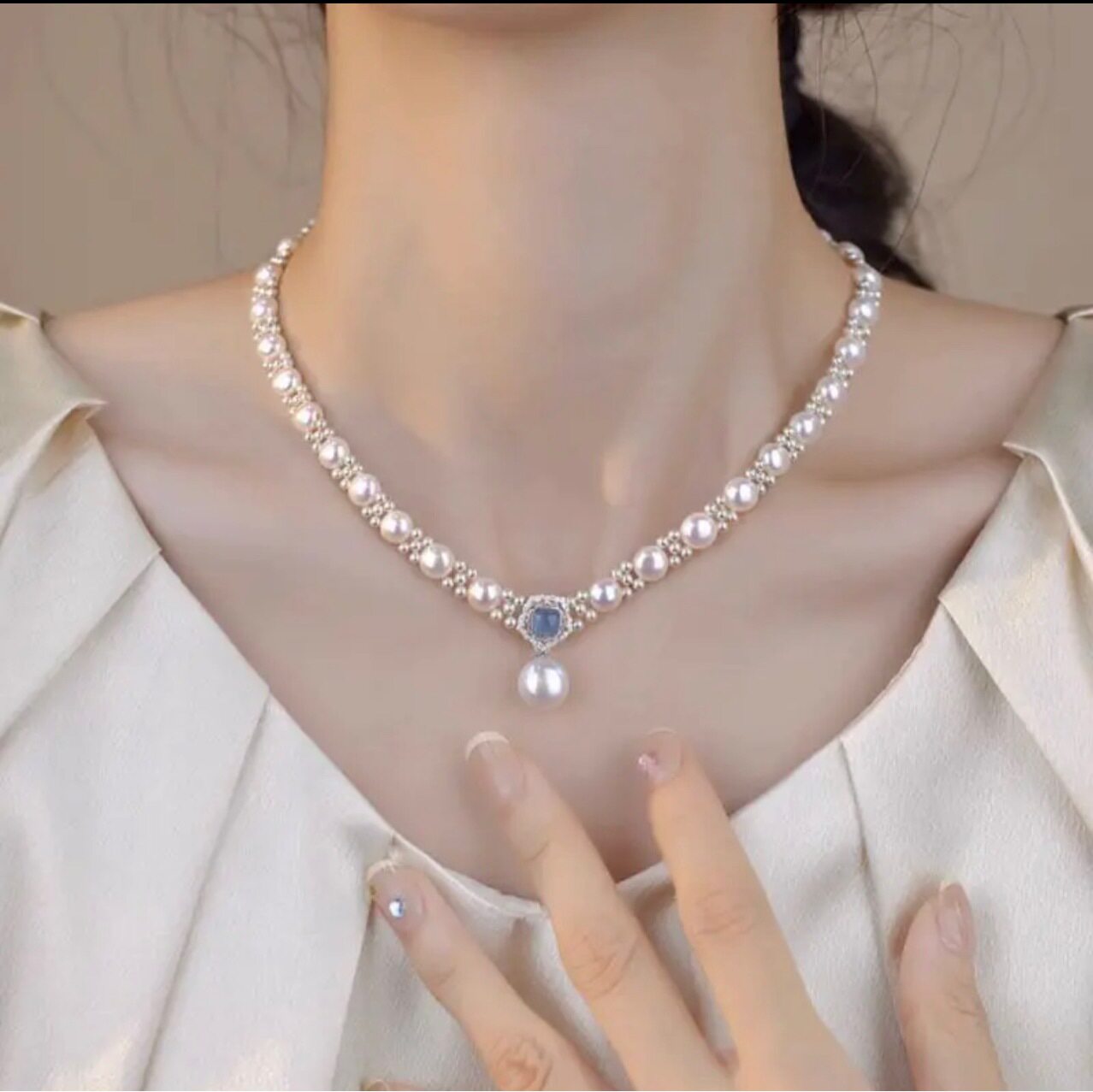 海蓝宝吊坠珍珠项链法式轻奢小众高级感锁骨链毛衣链气质百搭