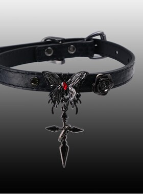 暗黑哥特蝴蝶红钻蛇纹十字架项圈