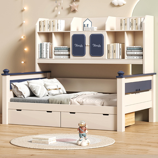 全实木床儿童床男孩1米2单人小户型1米5卧室半高床带护栏储物空间