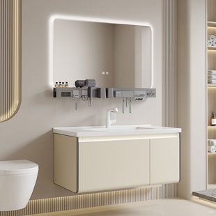 AGTG P12奶油风浴室柜实木陶瓷一体盆简约洗手洗脸洗漱盆柜套装