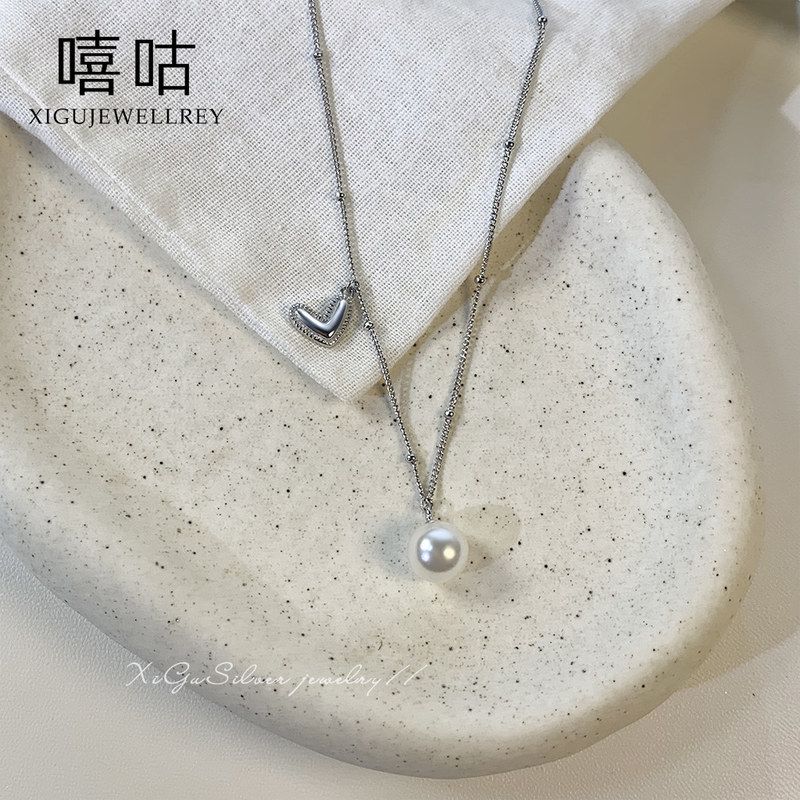 通体S925银爱心珍珠项链女韩国ins风甜美圆珠锁骨链