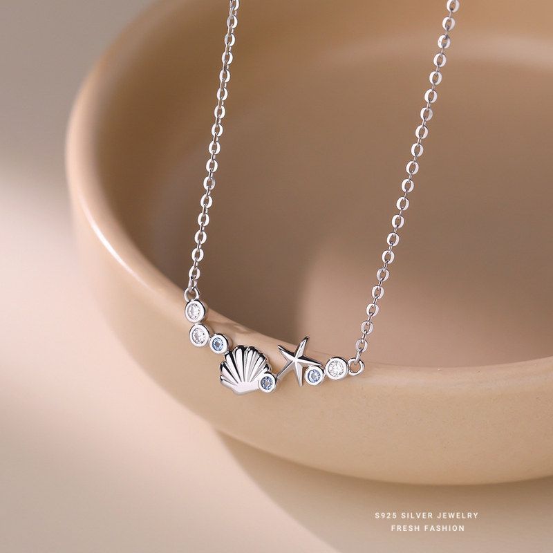 原创S925纯银小蓝锆海星贝壳吊坠项链女小众清新百搭度假风锁骨链